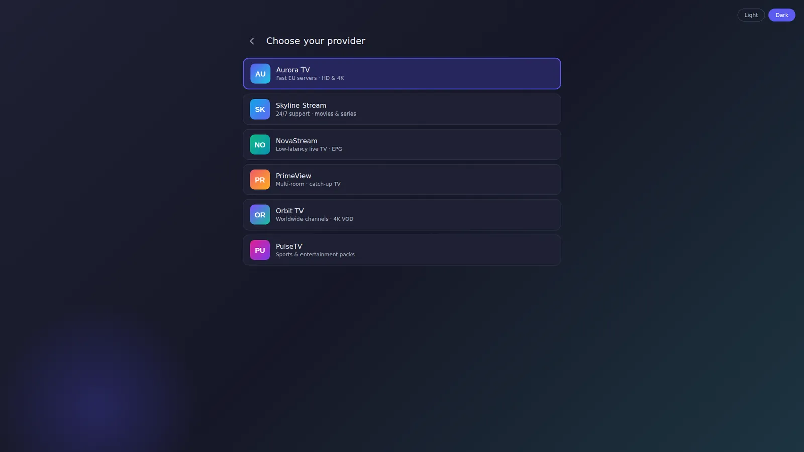 Fibravo Player app showing a branded IPTV provider selection screen